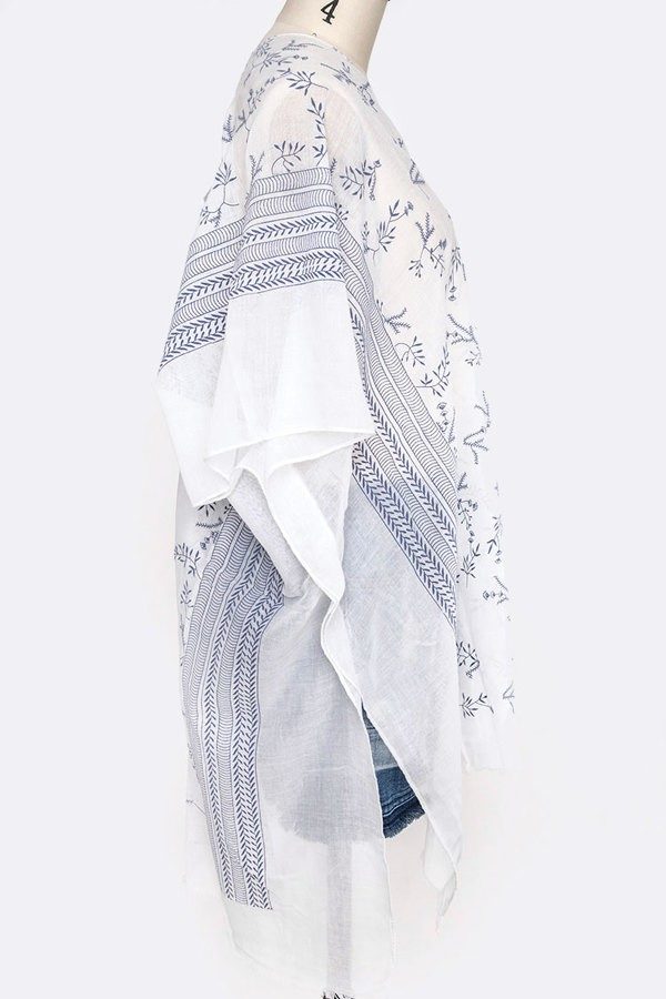 White Light Blue Botanical Print Kimono | AeyrApparel.com