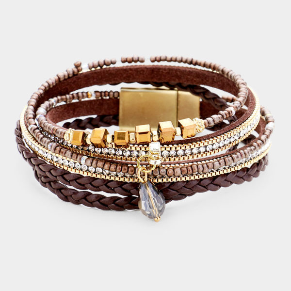 Beaded and Brown Faux Leather Wrap Bracelet | AeyrApparel.com