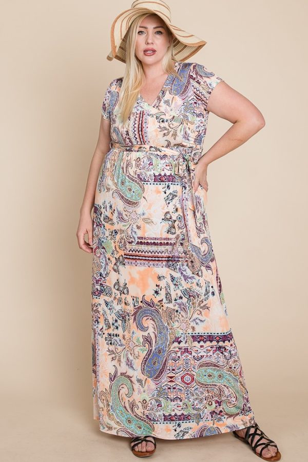 Elanor Short Sleeve Paisley Wrap Style Maxi Dress Plus AeyrApparel.com