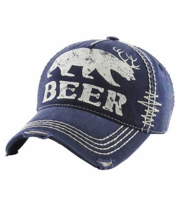 Beer Bear Deer Navy Distressed Cap | AeyrApparel.com