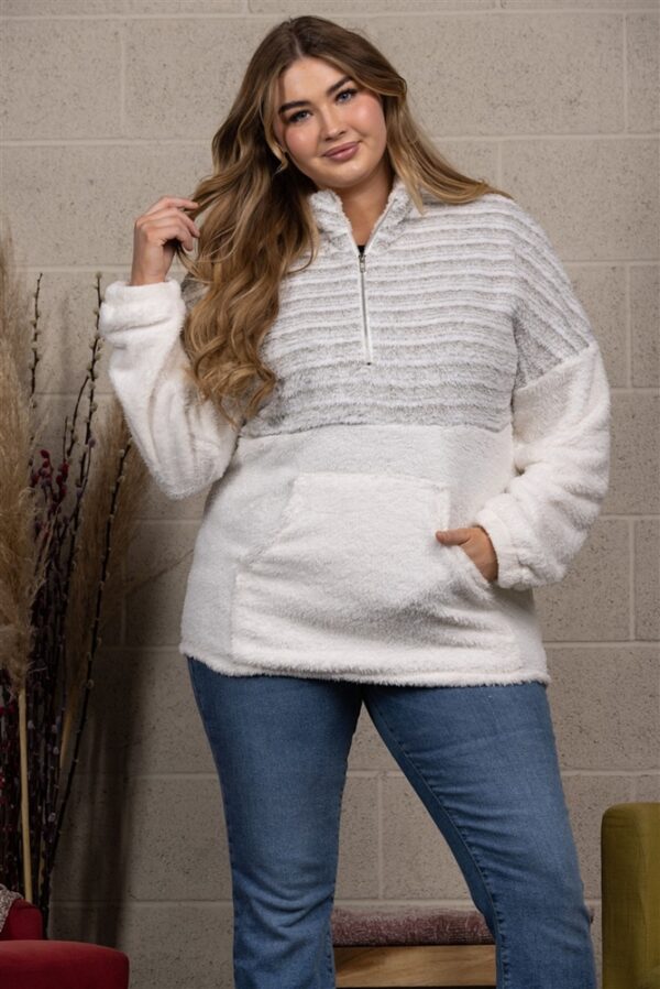Colette Long Sleeve Striped Contrast Quarter Zip Fleece Plus Pullover | AeyrApparel.com