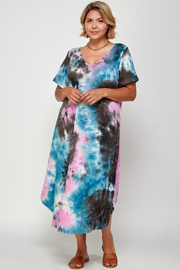 Kasha Tie Dye Plus Size Short Sleeve Midi Dress | AeyrApparel.com