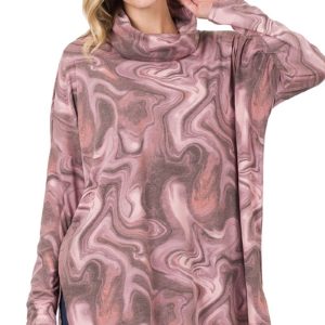 Zellie Swirl Pattern Long Sleeve Cowl Neck Relaxed Fit Pullover Tunic Top |AeyrApparel.com