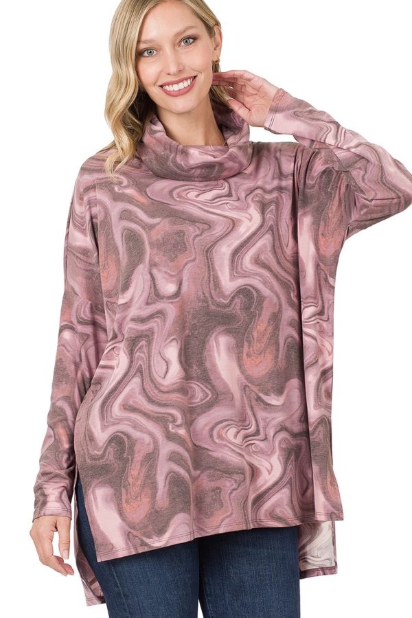 Zellie Swirl Pattern Long Sleeve Cowl Neck Relaxed Fit Pullover Tunic Top |AeyrApparel.com