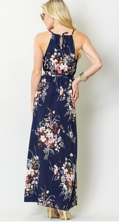 Odette Navy Floral Halter Maxi Dress | AeyrApparel.com