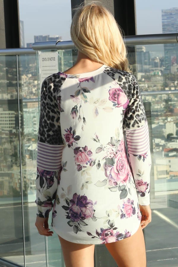Gisele Long Sleeve Floral Mixed Print Pullover Top | AeyrApparel.com