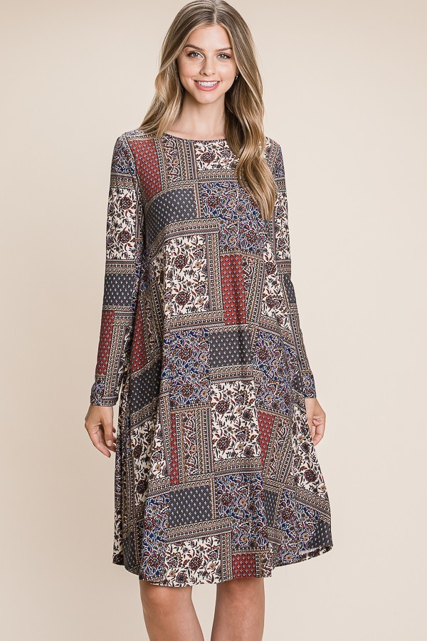 Billie Long Sleeve Patch Print Swing Dress | AeyrApparel.com
