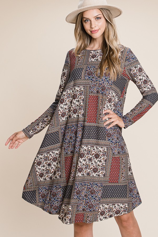Billie Long Sleeve Patch Print Swing Dress | AeyrApparel.com