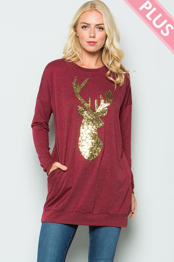 Randi Plus Size Relaxed Fit Gold Sequin Deer Top | AeyrApparel.com