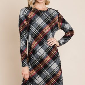 Kennedy Long Sleeve Plaid Knee Length Dress | AeyrApparel.com