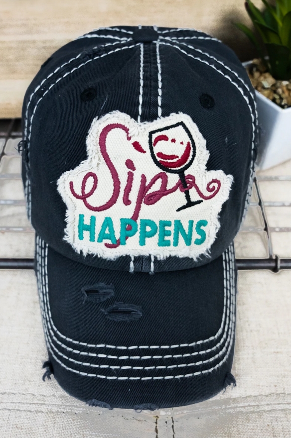 Sip Happens Black Distressed Cap | AeyrApparel.com