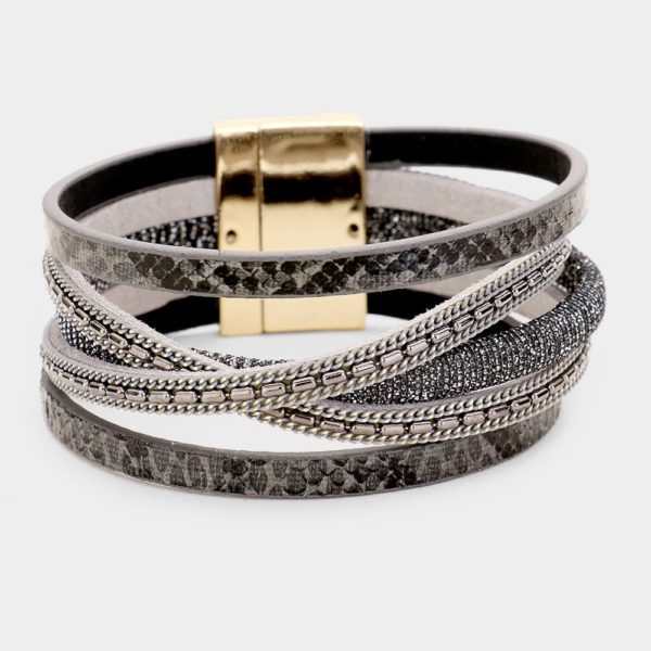 Grey Snake Multi-Row Faux Leather Magnetic Bracelet | AeyrApparel.com