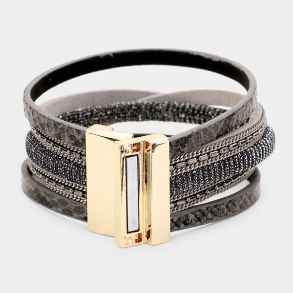 Grey Snake Multi-Row Faux Leather Magnetic Bracelet | AeyrApparel.com