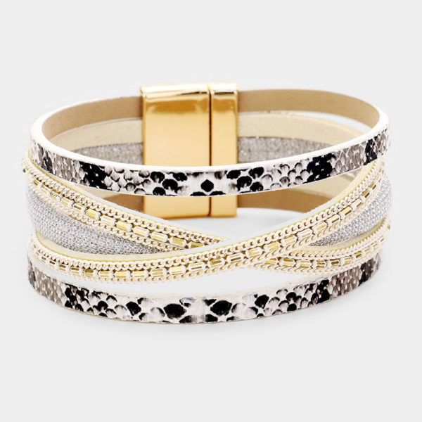 White Snake Multi-Row Faux Leather Magnetic Bracelet | AeyrApparel.com