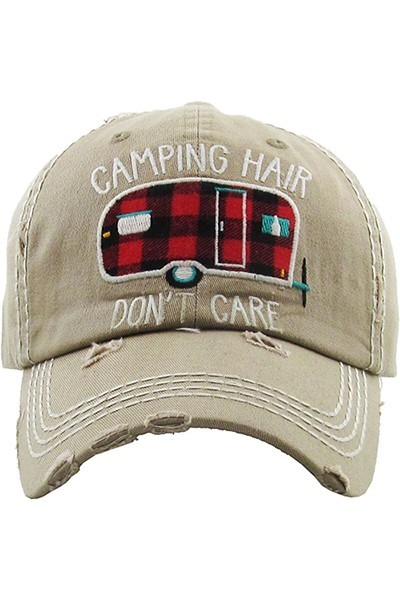 Camping Hair Don't Care Khaki Distressed Cap | AeyrApparel.com