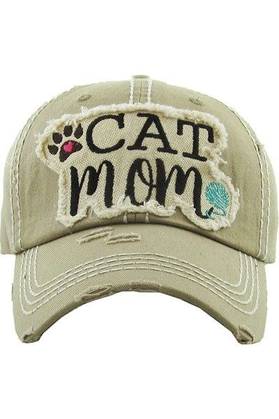 Cat Mom Khaki Distressed Cap | AeyrApparel.com