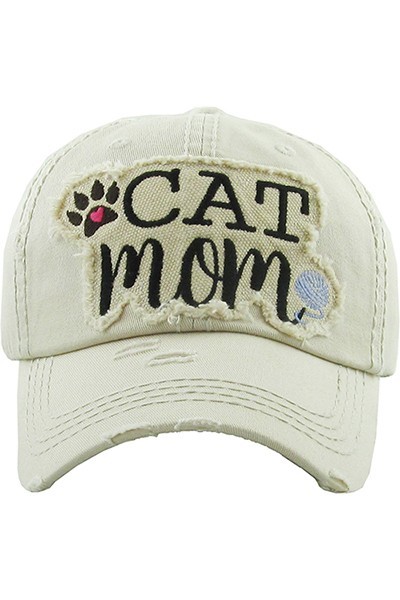 Cat Mom Stone Beige Distressed Cap | AeyrApparel.com