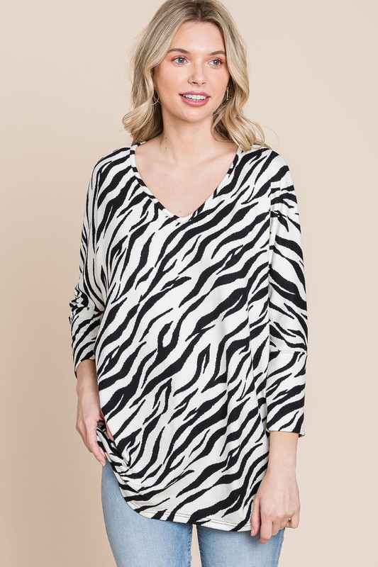 Cagney Zebra Stripe Dolman Sleeve Pullover Sweater Top | AeyrApparel.com