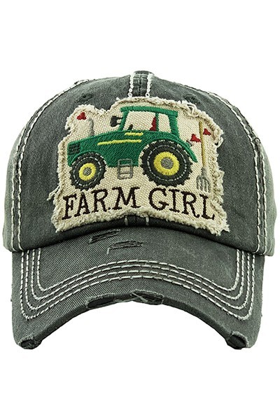 Farm Girl Green Tractor on Black Distressed Cap | AeyrApparel.com