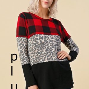 Clari Buffalo Plaid Leopard Solid Long Sleeve Pullover Top Plus | AeyrApparel.com