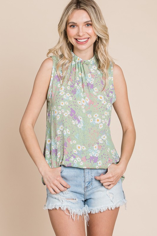 Claire Gathered High Neck Floral Sleeveless Pullover Top | AeyrApparel.com