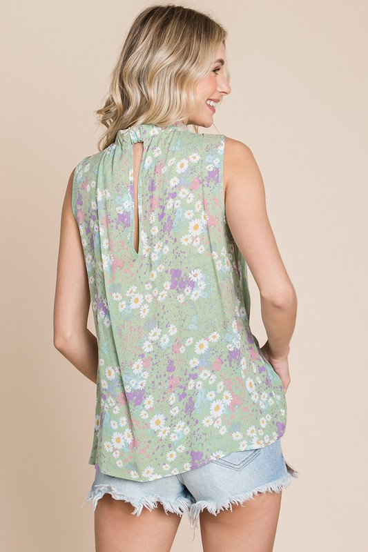 Claire Gathered High Neck Floral Sleeveless Pullover Top | AeyrApparel.com
