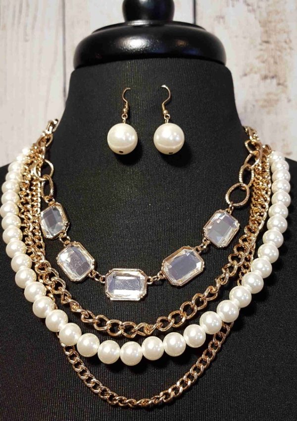 Pearl Gem and Mixed Gold Chain Statement Necklace Set | Aeyr Apparel