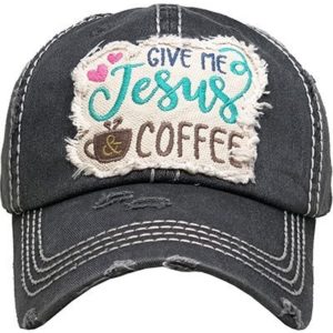 Give Me Coffee And Jesus Black Distressed Cap | AeyrApparel.com