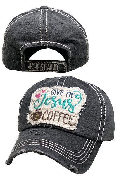 Give Me Coffee And Jesus Black Distressed Cap | AeyrApparel.com