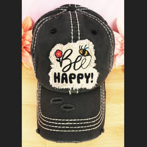 Bee Happy Black Distressed Cap | AeyrApparel.com