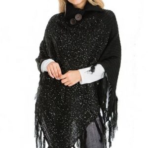Sweater Knit Sequin Fringe Poncho Black | AeyrApparel.com