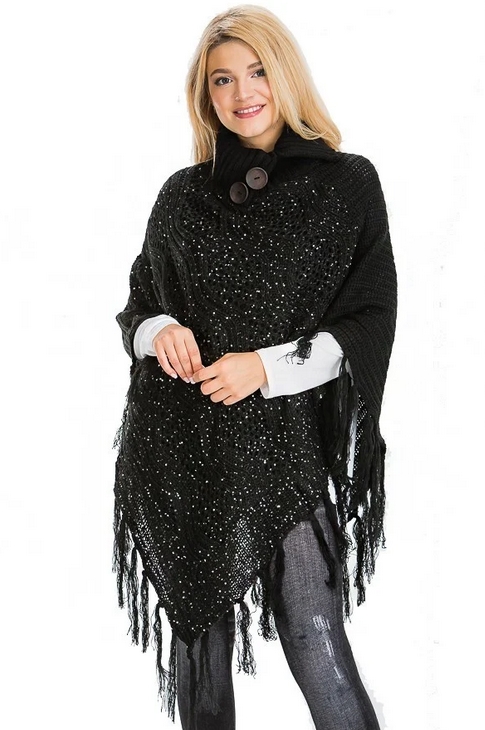 Sweater Knit Sequin Fringe Poncho Black | AeyrApparel.com