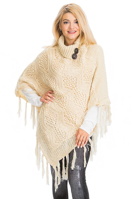 Sweater Knit Sequin Fringe Poncho Natural | AeyrApparel.com