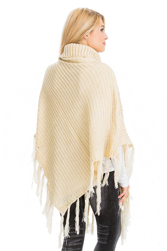 Sweater Knit Sequin Fringe Poncho Natural | AeyrApparel.com