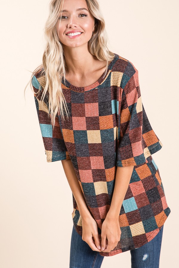 Peyton Half Sleeve Checked Sweater Knit Pullover top | AeyrApparel.com