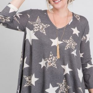 Long Sleeve Waffle Knit Star Print Plus Pullover Top | AeyrApparel.com