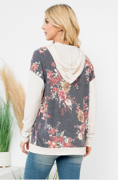 Petra Long Contrast Sleeve Floral Hoodie | AeyrApparel.com