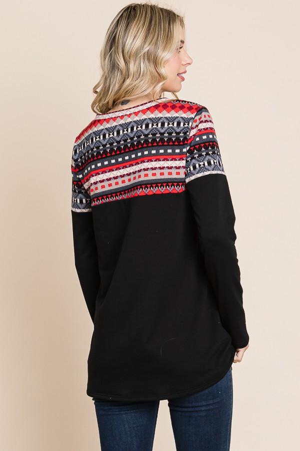 Bayne Long Body Light Weight Winter Holiday Print Color Block Pullover Sweater Top | AeyrApparel.com