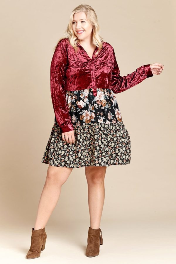 Tara Button Down Velvet Knee Length Floral Dress Plus | AeyrApparel.com