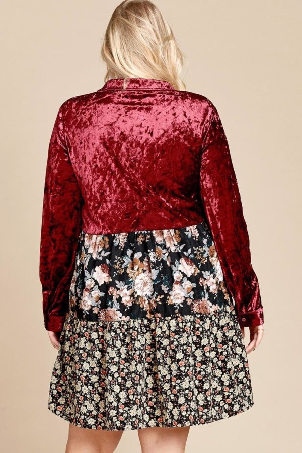 Tara Button Down Velvet Knee Length Floral Dress Plus | AeyrApparel.com