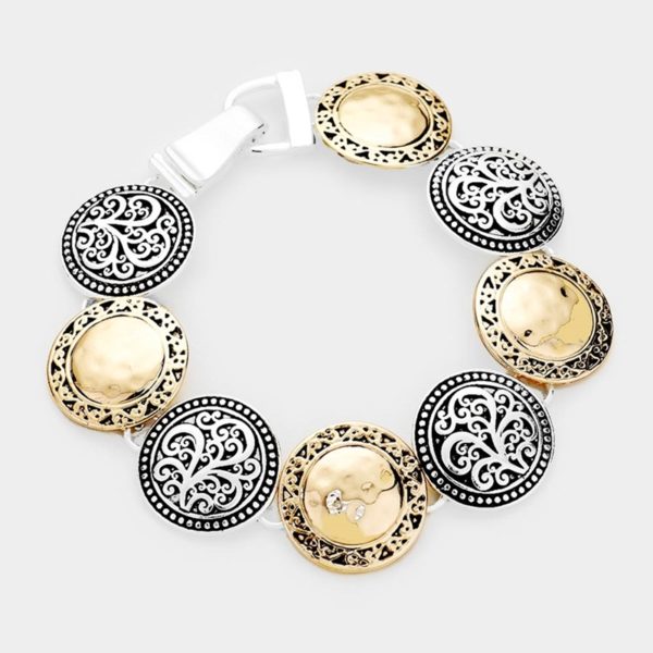 Gold Hammered and Silver Antique Etched Medallion Magnetic Clasp Bracelet | AeyrApparel.com