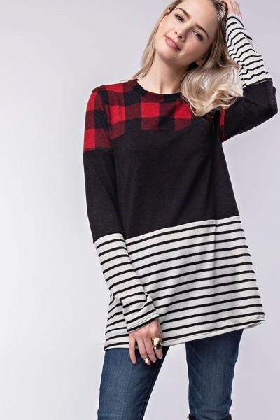 Brea Buffalo Plaid and Striped Lightweight Sweater | AeyrApparel.com