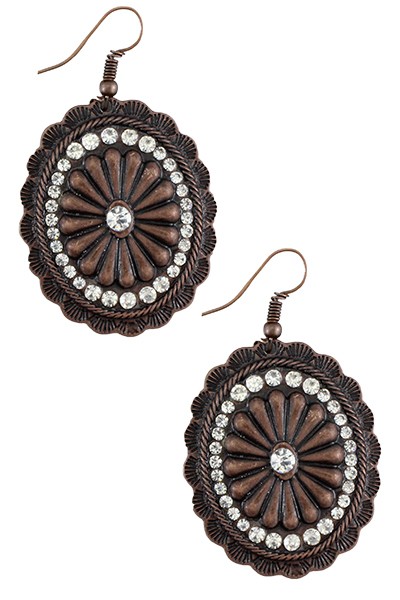Crystal Accented Copper Oval Concho Earrings | AeyrApparel.com