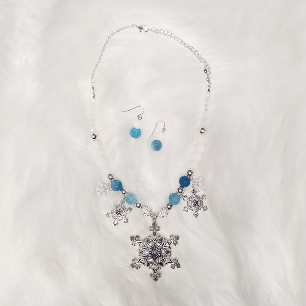 Silver Snowflake Blue Beaded Christmas Statement Necklace | AeyrApparel.com