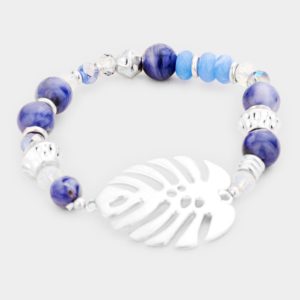 Silver Leaf and Blue Beaded Stretch Bracelet | AeyrApparel.com