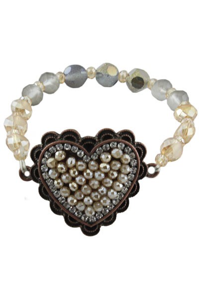 Crystal and Cream Beaded Copper Heart Stretch Bracelet | AeyrApparel.com