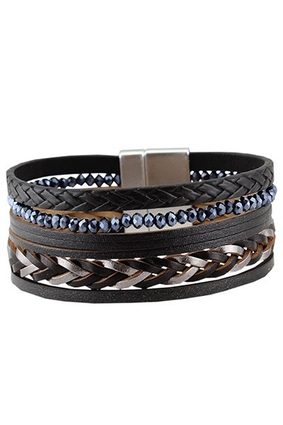 Black Beaded and Faux Leather Braided Multi Row Magnetic Bracelet | AeyrApparel.com