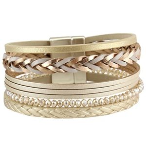 Gold Beaded and Faux Leather Braided Multi Row Magnetic Bracelet | AeyrApparel.com
