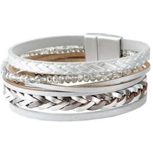 Silver Beaded and Faux Leather Braided Multi Row Magnetic Bracelet | AeyrApparel.com