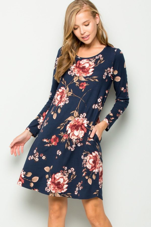 Jennifer Long Sleeve Floral Swing Dress Navy | AeyrApparel.com